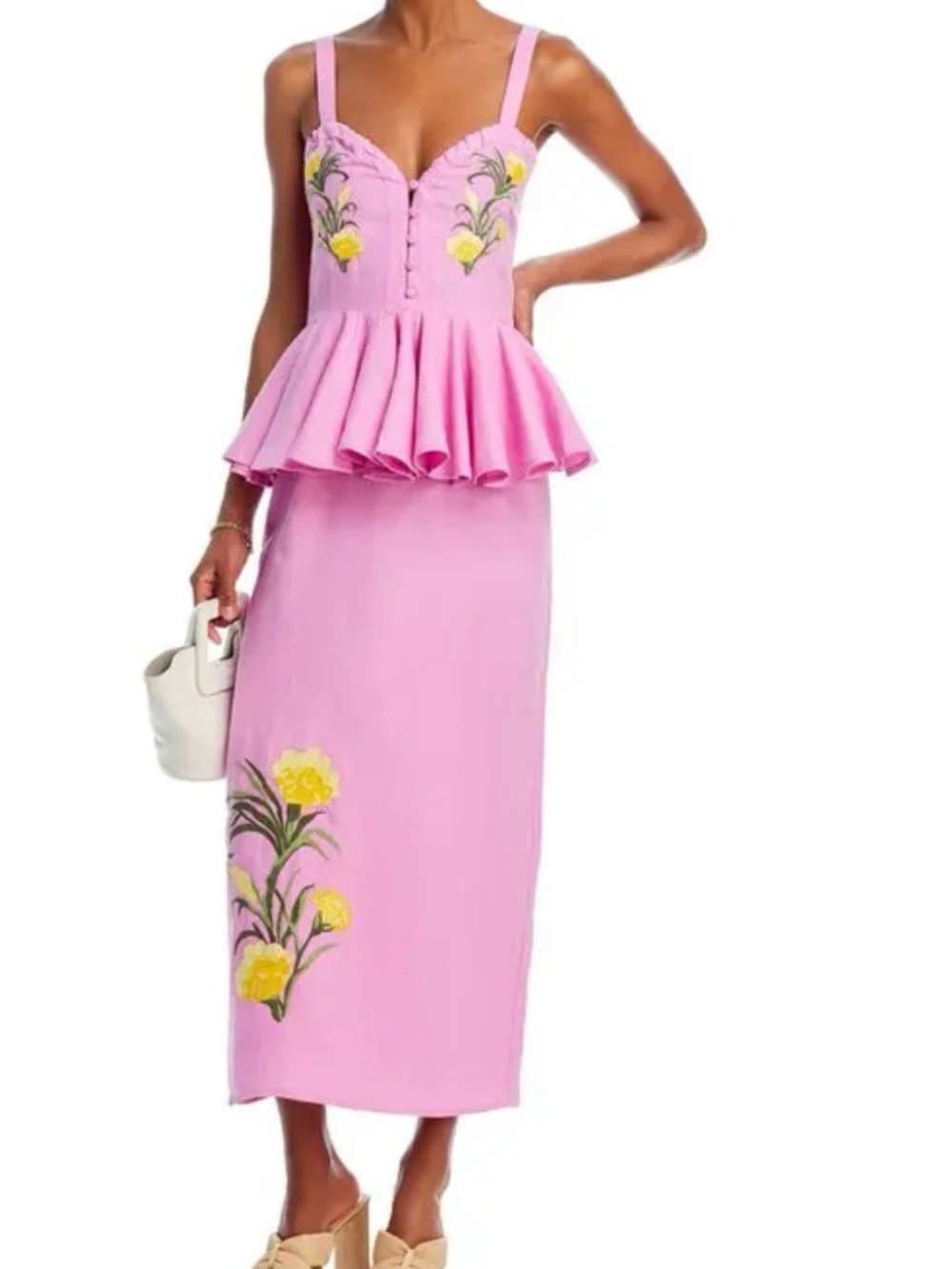 FANM MON NOEMINE PINK LINEN FLORAL EMBROIDERED SLEEVELESS MIDI DRESS SZ XS